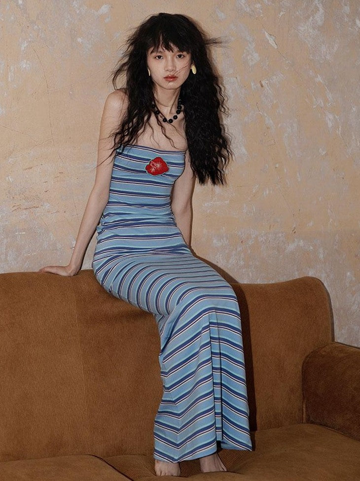 badtaste Embroidered Striped Chinese Women's Knit Strapless Maxi Dresses