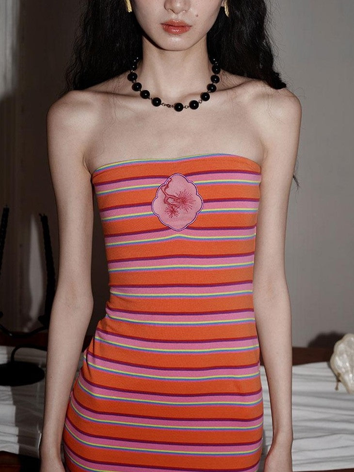 badtaste Embroidered Striped Chinese Women's Knit Strapless Maxi Dresses