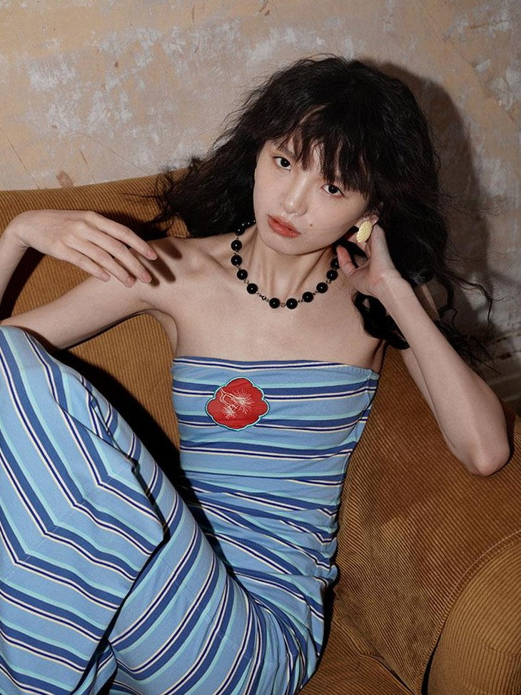 badtaste Embroidered Striped Chinese Women's Knit Strapless Maxi Dresses