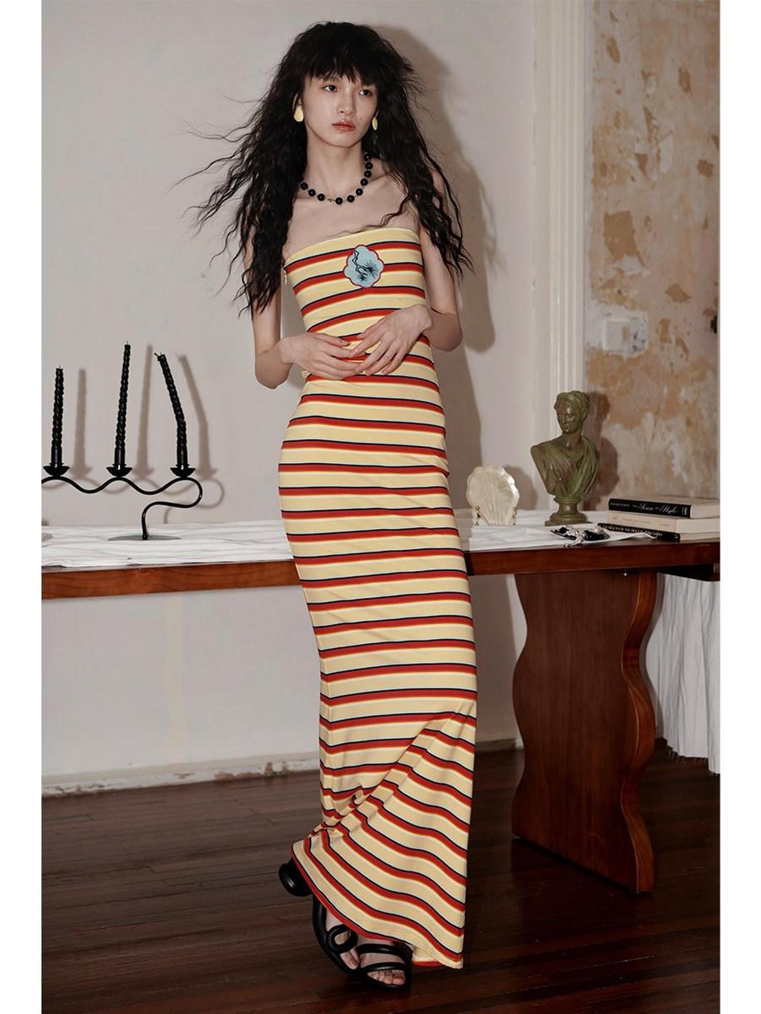 badtaste Embroidered Striped Chinese Women's Knit Strapless Maxi Dresses
