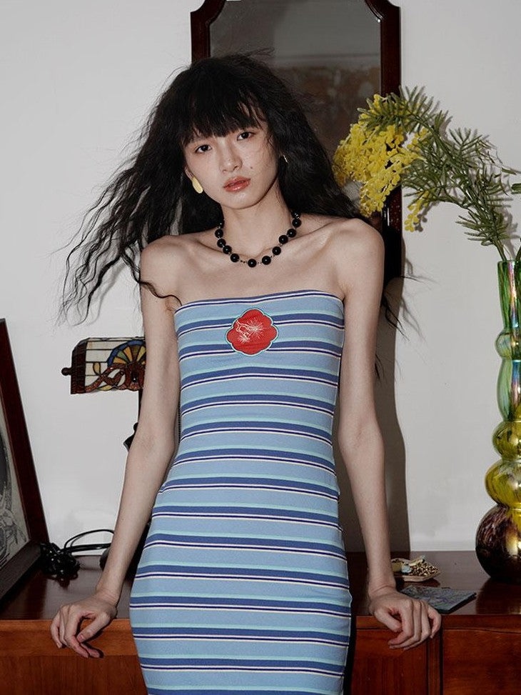 badtaste Embroidered Striped Chinese Women's Knit Strapless Maxi Dresses