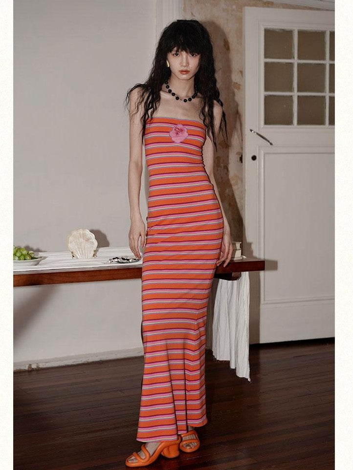 badtaste Embroidered Striped Chinese Women's Knit Strapless Maxi Dresses