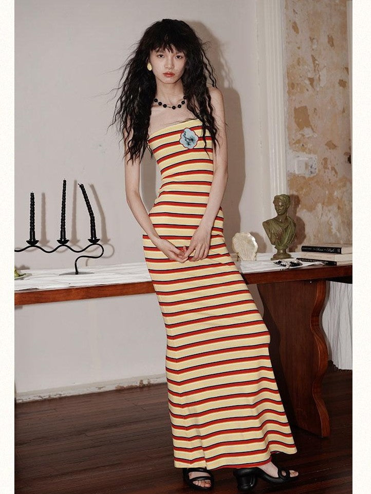 badtaste Embroidered Striped Chinese Women's Knit Strapless Maxi Dresses