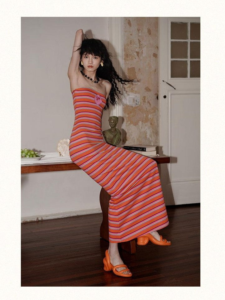 badtaste Embroidered Striped Chinese Women's Knit Strapless Maxi Dresses