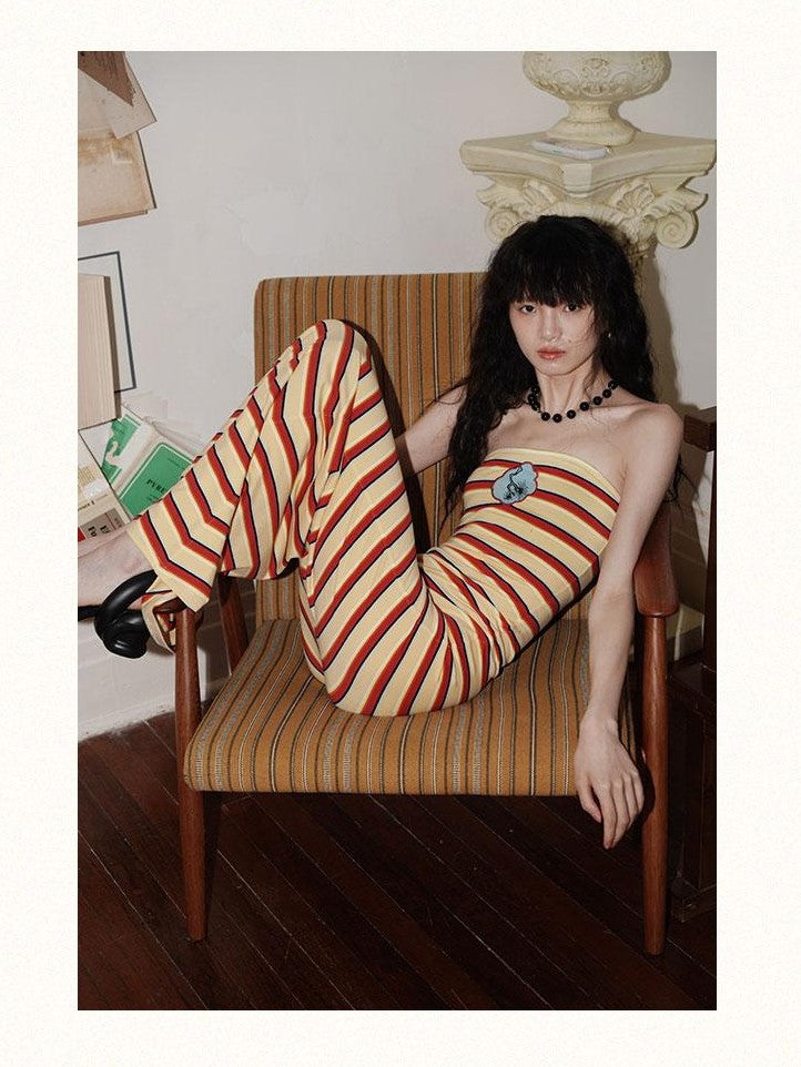 badtaste Embroidered Striped Chinese Women's Knit Strapless Maxi Dresses
