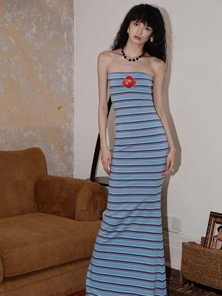 badtaste Embroidered Striped Chinese Women's Knit Strapless Maxi Dresses