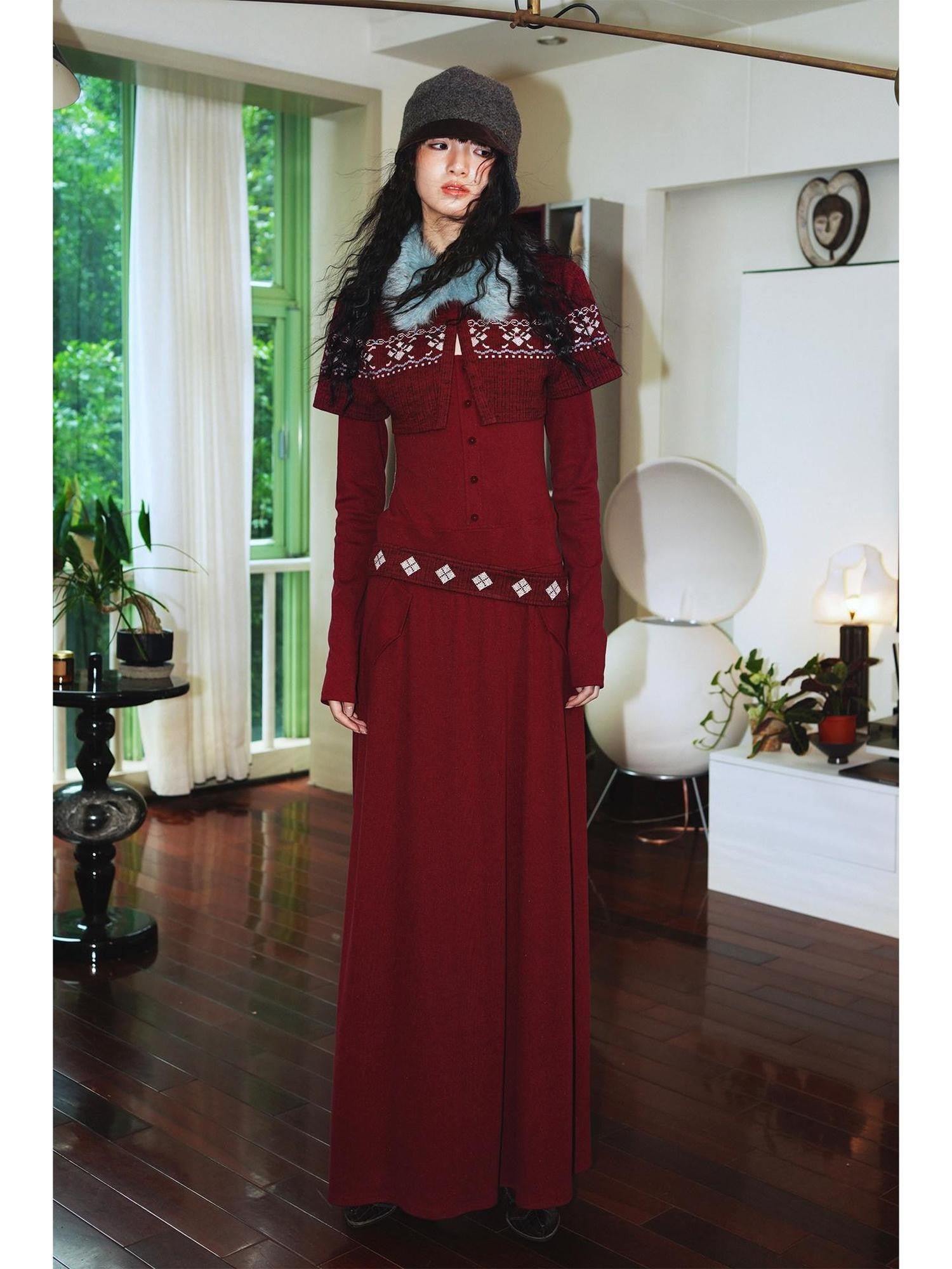 badtaste Fair Isle Cross Stitch Vintage Fitted Waist Women's Knit Casual Maxi Dresses