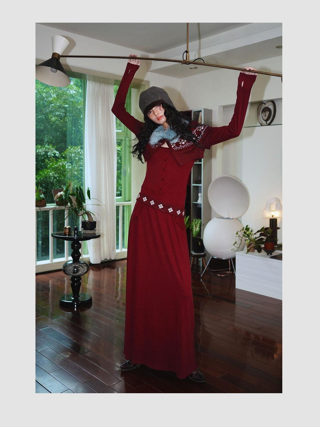 badtaste Fair Isle Cross Stitch Vintage Fitted Waist Women's Knit Casual Maxi Dresses