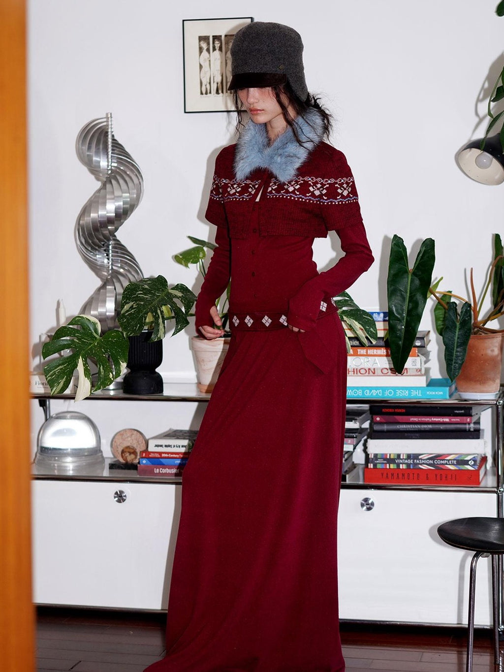badtaste Fair Isle Cross Stitch Vintage Fitted Waist Women's Knit Casual Maxi Dresses
