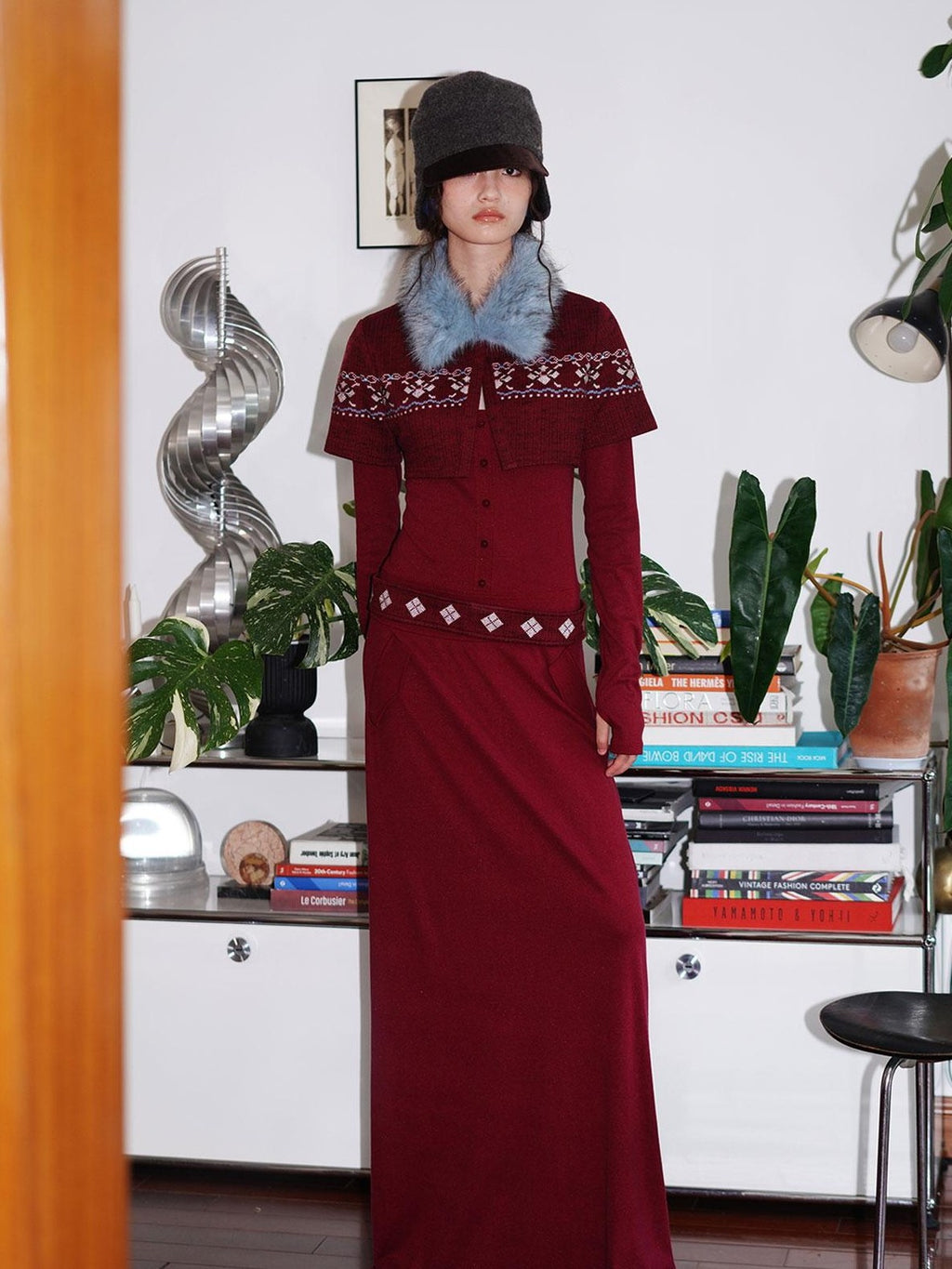 badtaste Fair Isle Cross Stitch Vintage Fitted Waist Women's Knit Casual Maxi Dresses