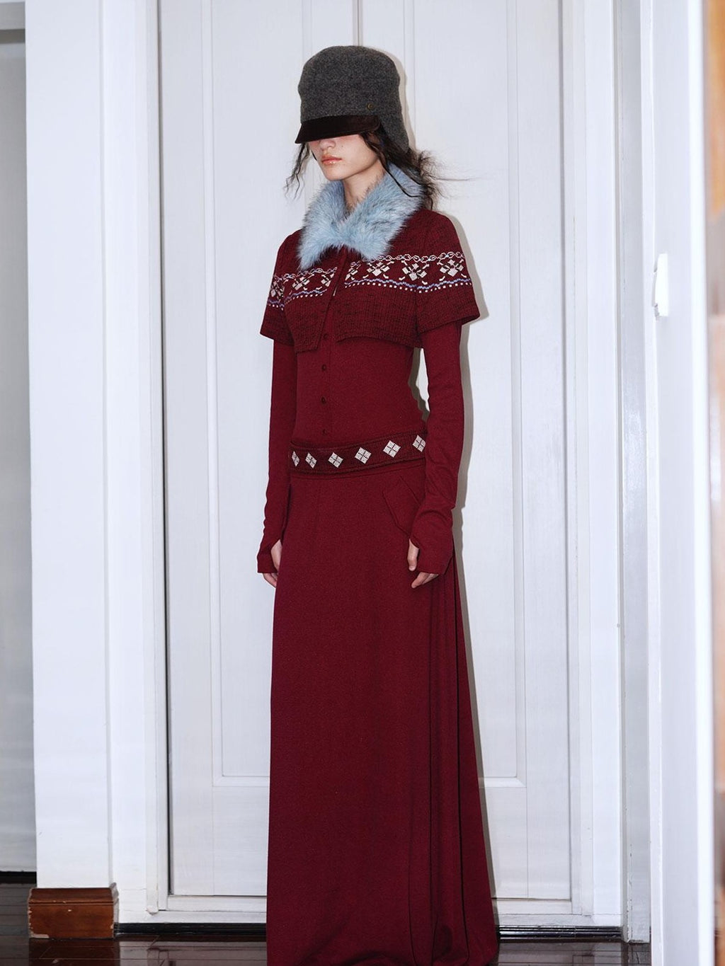 badtaste Fair Isle Cross Stitch Vintage Fitted Waist Women's Knit Casual Maxi Dresses