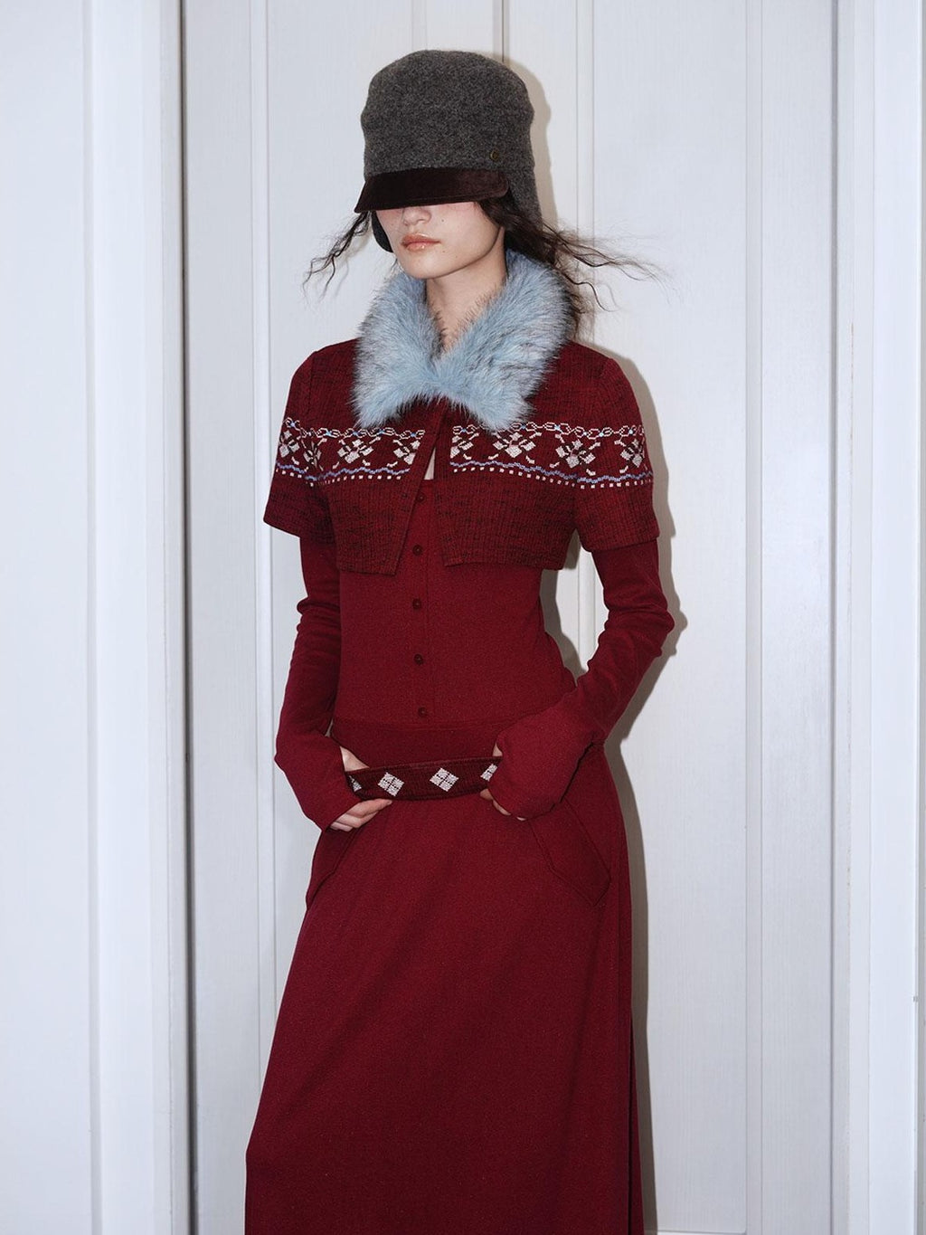 badtaste Fair Isle Cross Stitch Vintage Fitted Waist Women's Knit Casual Maxi Dresses