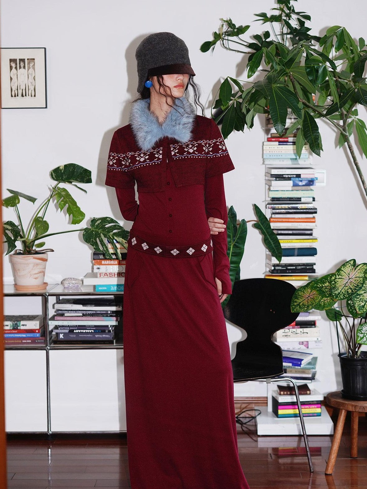 badtaste Fair Isle Cross Stitch Vintage Fitted Waist Women's Knit Casual Maxi Dresses