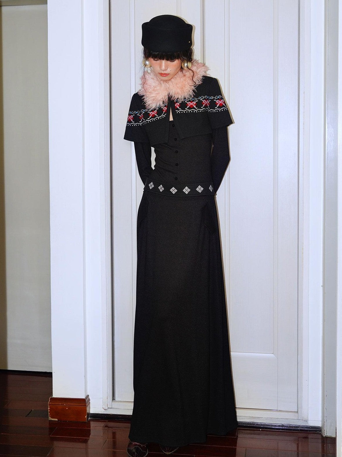 badtaste Fair Isle Cross Stitch Vintage Fitted Waist Women's Knit Casual Maxi Dresses