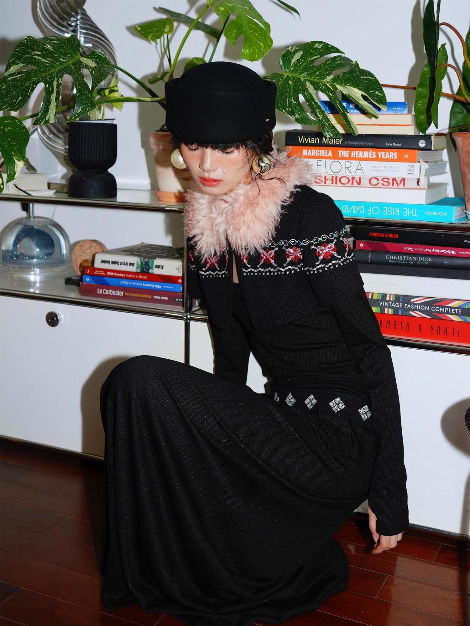 badtaste Fair Isle Cross Stitch Vintage Fitted Waist Women's Knit Casual Maxi Dresses