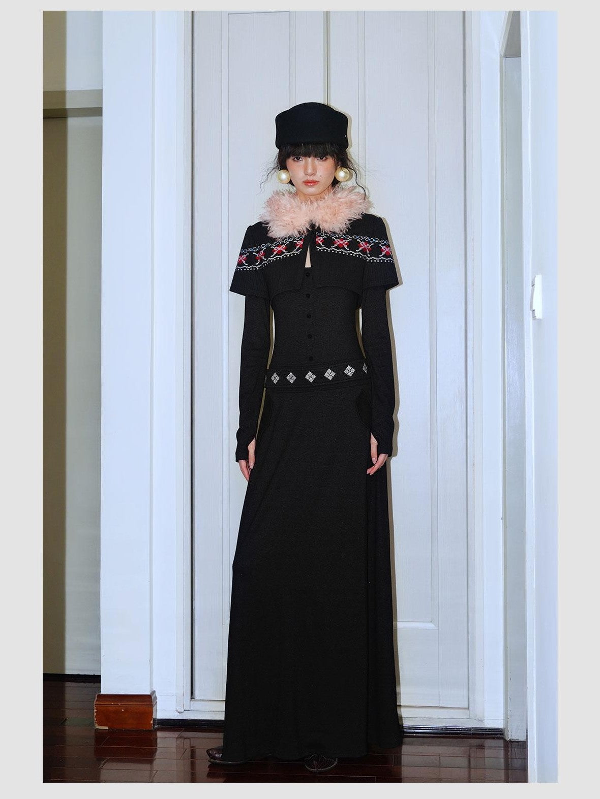 badtaste Fair Isle Cross Stitch Vintage Fitted Waist Women's Knit Casual Maxi Dresses