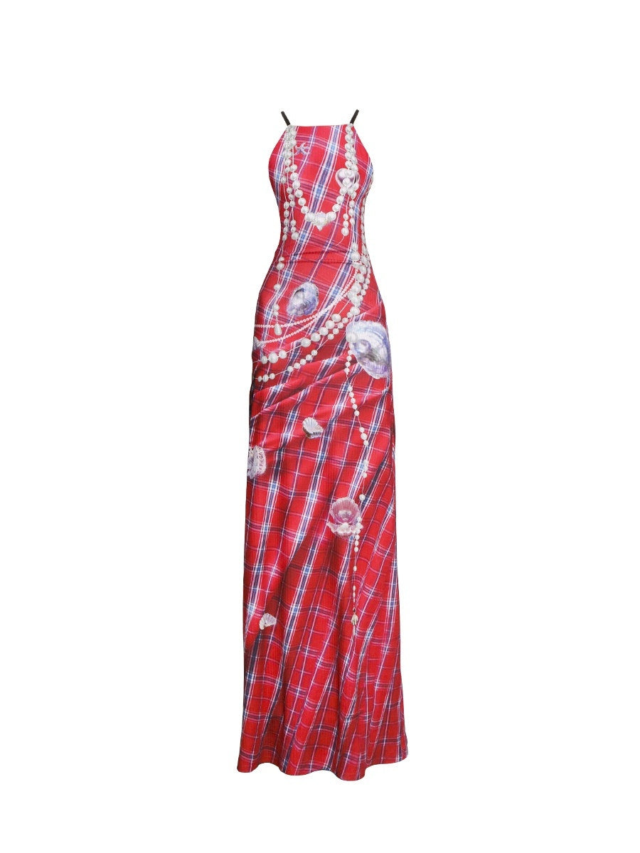 badtaste_Faux_3d_Plaid_Broken_Pearl_Print_Backless_Slim_Women's_Halter_Maxi_Dresses_908457645590_MISSTT
