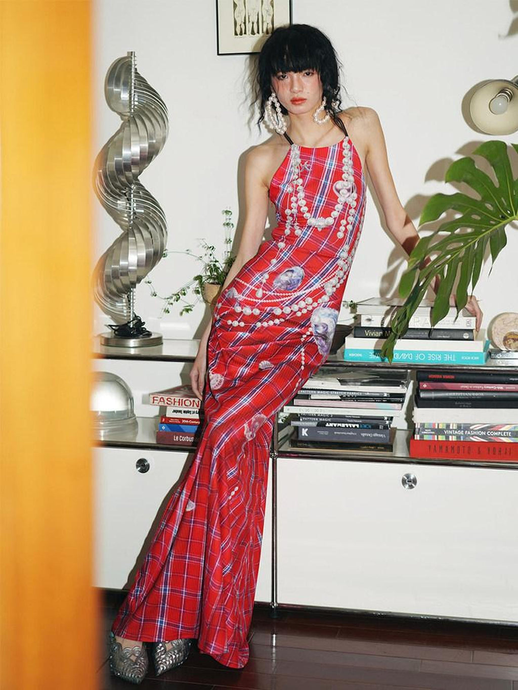 badtaste Faux 3d Plaid Broken Pearl Print Backless Slim Women's Halter Maxi Dresses