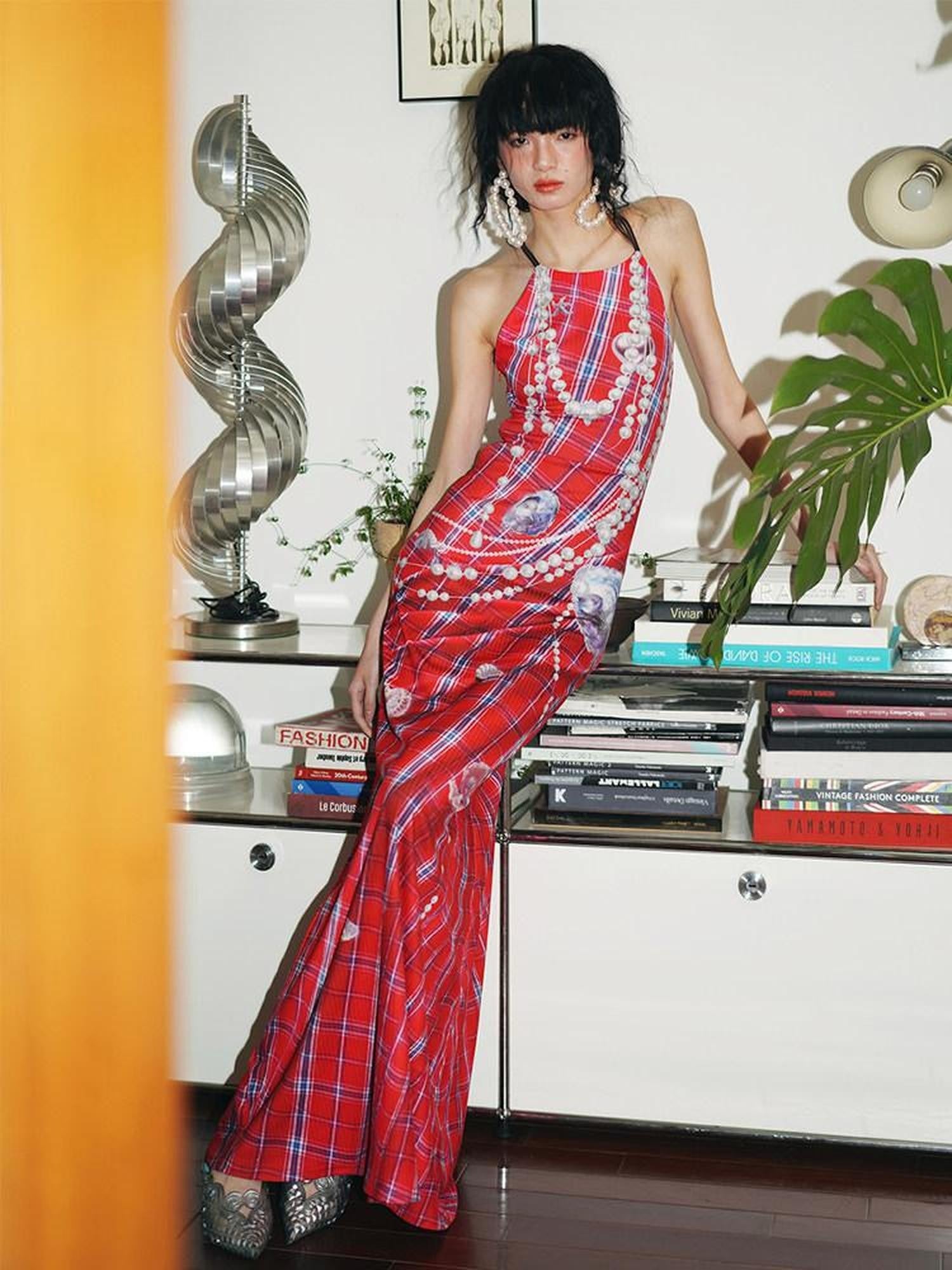 badtaste Faux 3d Plaid Broken Pearl Print Backless Slim Women's Halter Maxi Dresses