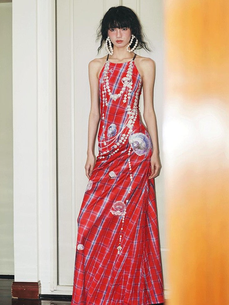 badtaste Faux 3d Plaid Broken Pearl Print Backless Slim Women's Halter Maxi Dresses