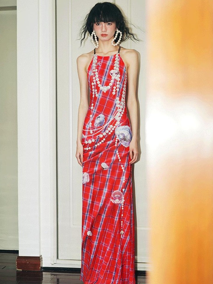 badtaste Faux 3d Plaid Broken Pearl Print Backless Slim Women's Halter Maxi Dresses