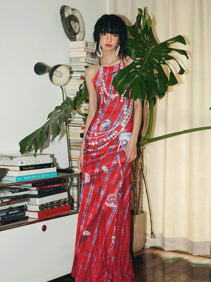 badtaste Faux 3d Plaid Broken Pearl Print Backless Slim Women's Halter Maxi Dresses