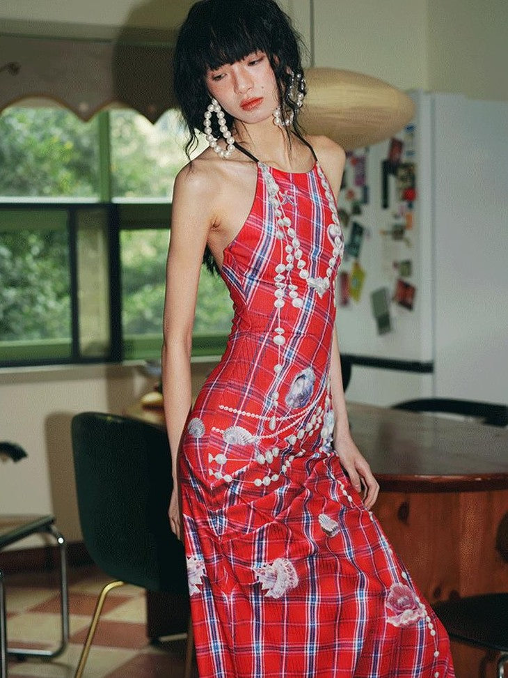badtaste Faux 3d Plaid Broken Pearl Print Backless Slim Women's Halter Maxi Dresses