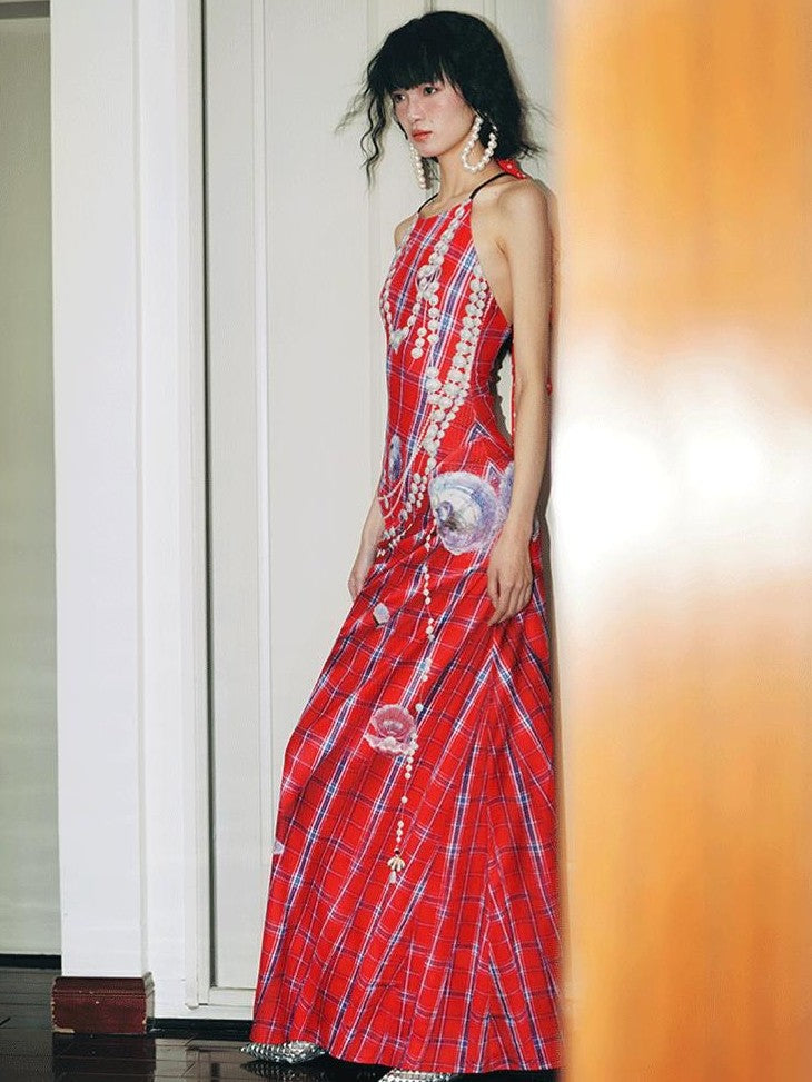 badtaste Faux 3d Plaid Broken Pearl Print Backless Slim Women's Halter Maxi Dresses