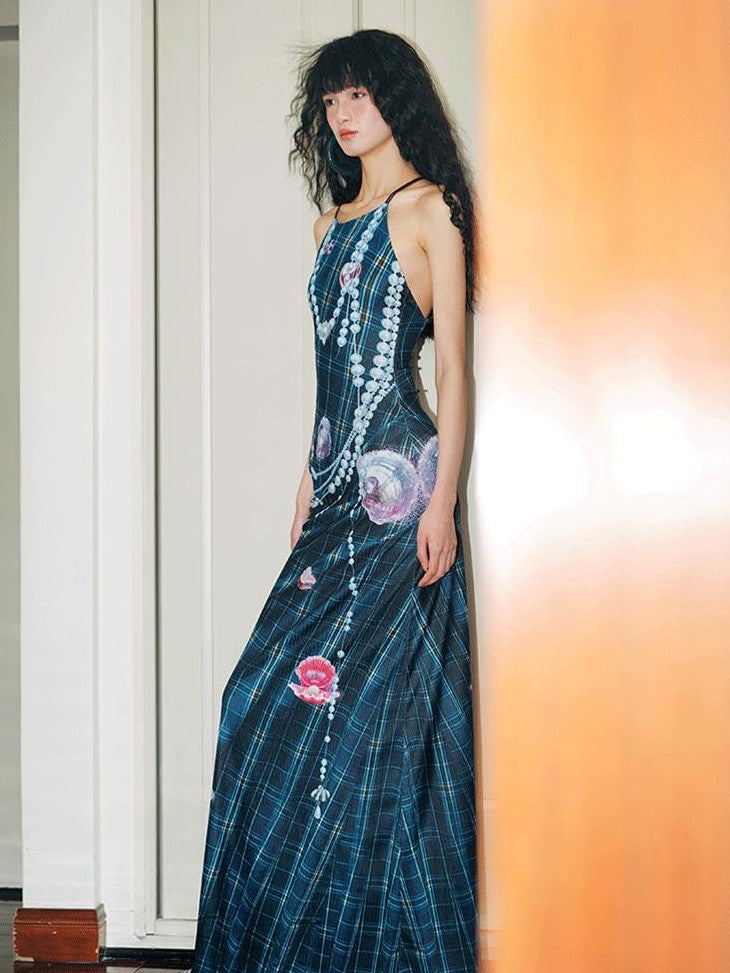 badtaste Faux 3d Plaid Broken Pearl Print Backless Slim Women's Halter Maxi Dresses