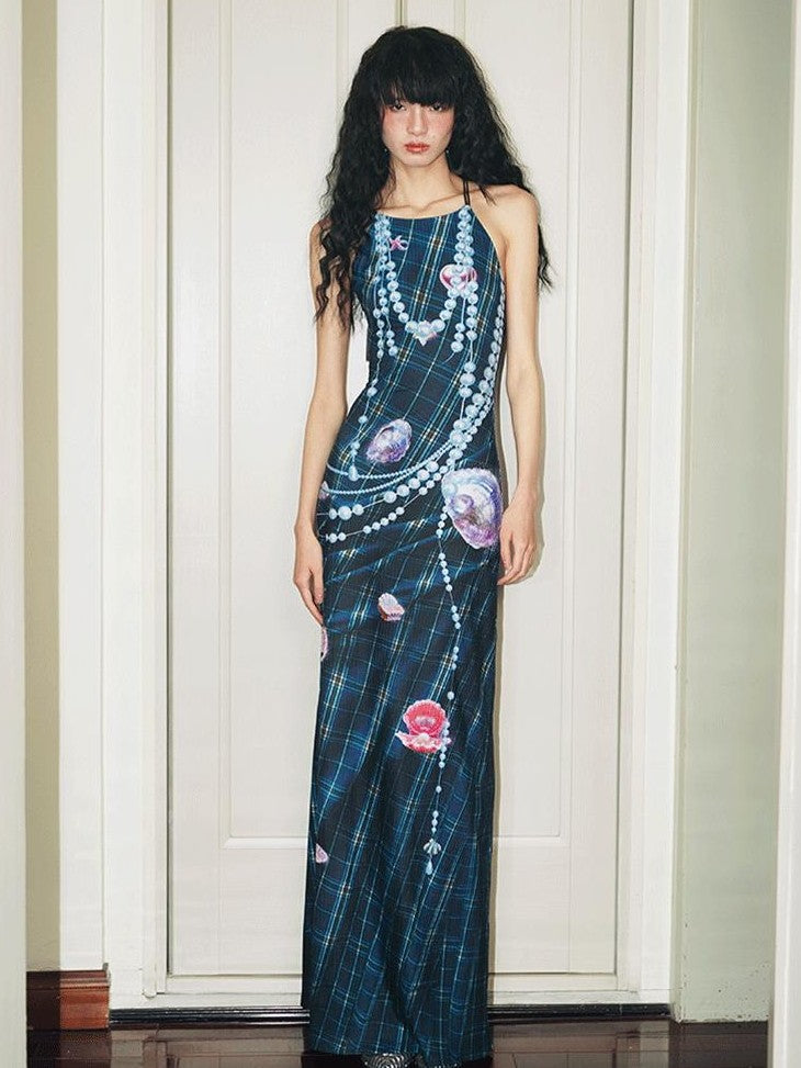 badtaste Faux 3d Plaid Broken Pearl Print Backless Slim Women's Halter Maxi Dresses