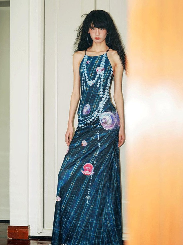 badtaste Faux 3d Plaid Broken Pearl Print Backless Slim Women's Halter Maxi Dresses
