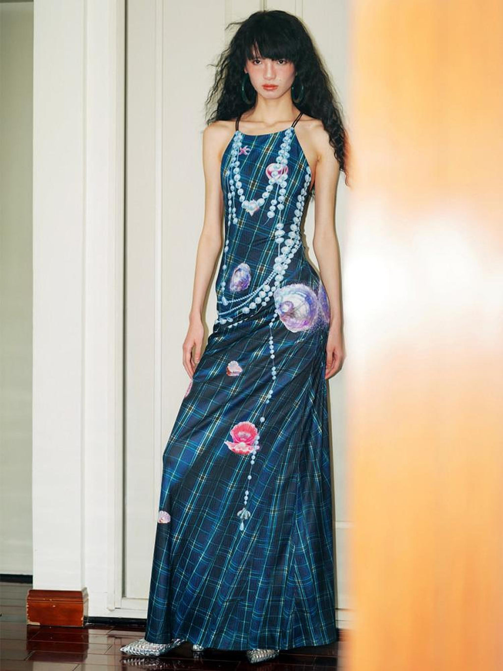 badtaste Faux 3d Plaid Broken Pearl Print Backless Slim Women's Halter Maxi Dresses