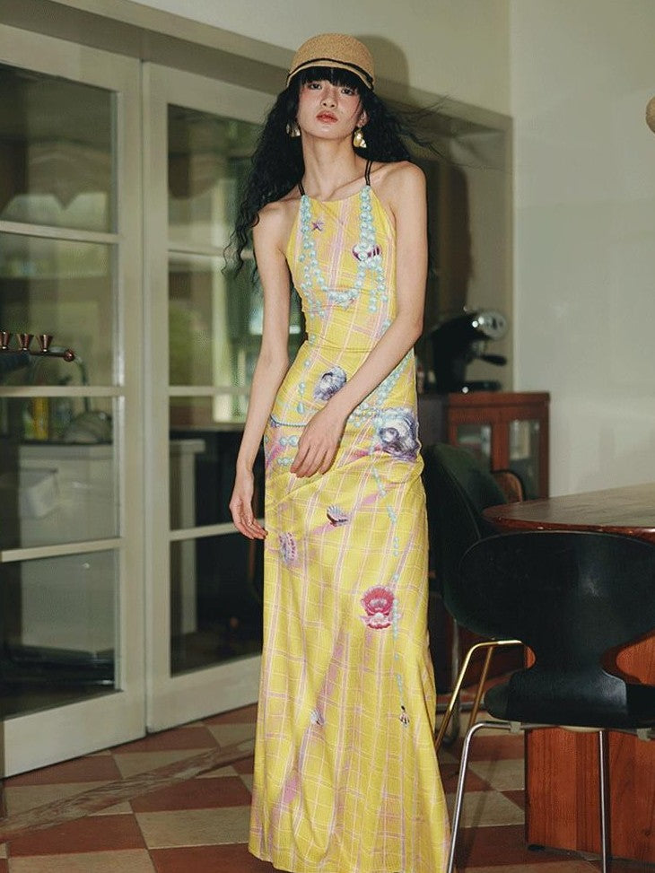 badtaste Faux 3d Plaid Broken Pearl Print Backless Slim Women's Halter Maxi Dresses