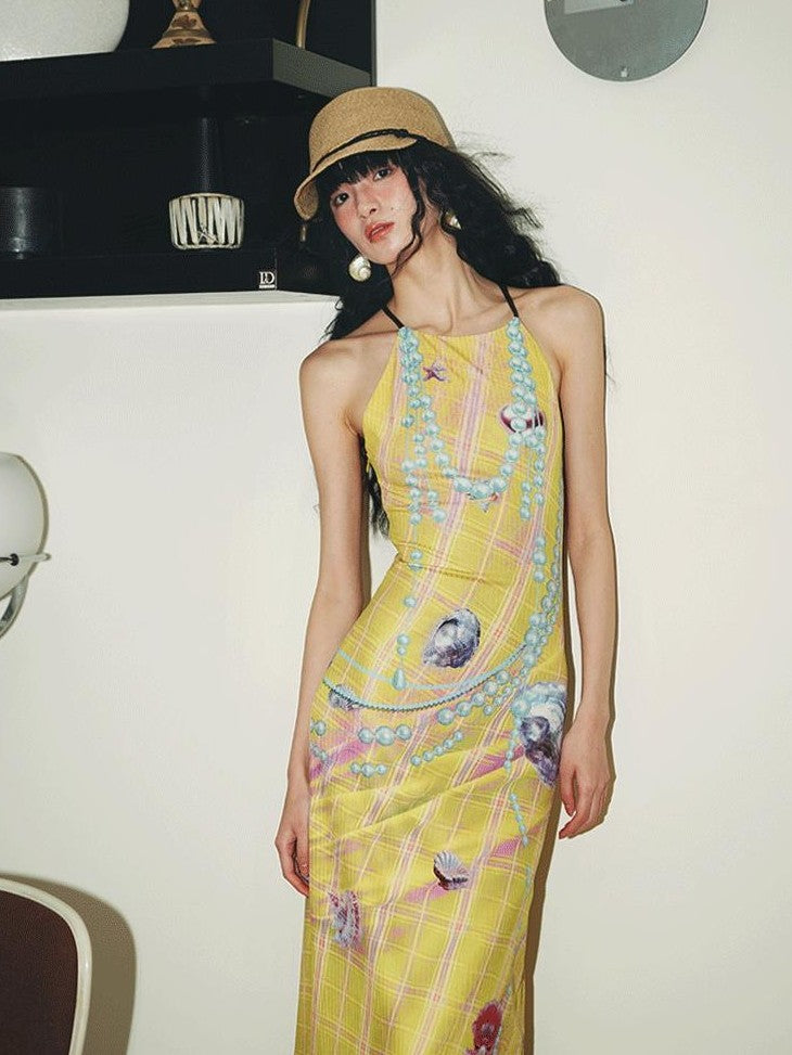 badtaste Faux 3d Plaid Broken Pearl Print Backless Slim Women's Halter Maxi Dresses