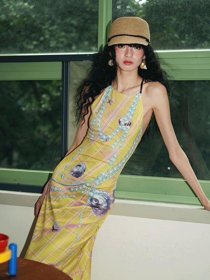 badtaste Faux 3d Plaid Broken Pearl Print Backless Slim Women's Halter Maxi Dresses