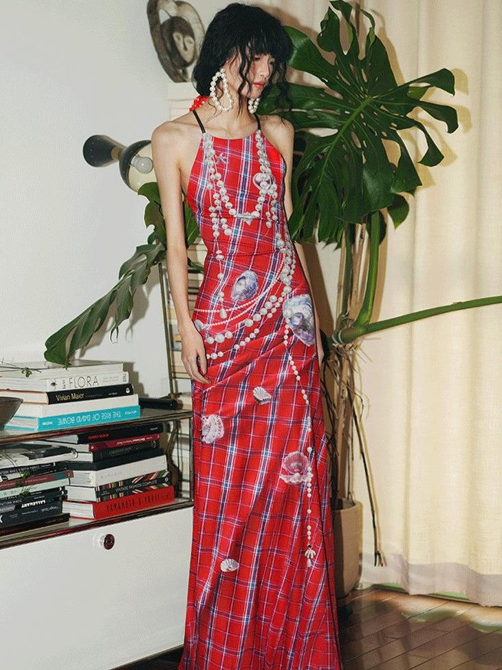 badtaste Faux 3d Plaid Broken Pearl Print Backless Slim Women's Halter Maxi Dresses