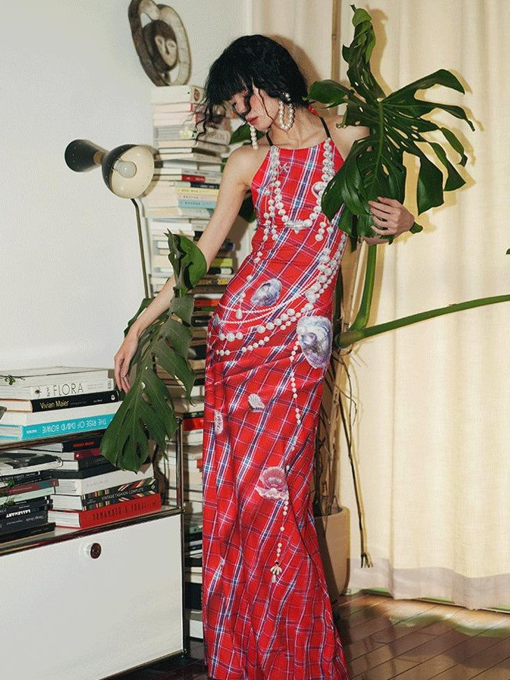 badtaste Faux 3d Plaid Broken Pearl Print Backless Slim Women's Halter Maxi Dresses