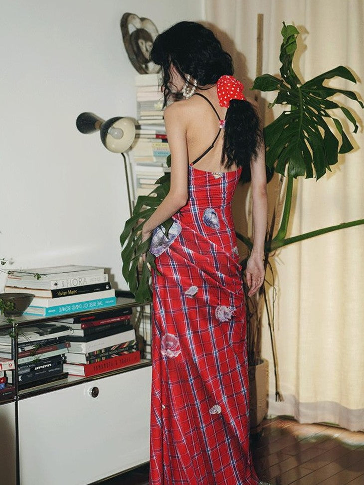 badtaste Faux 3d Plaid Broken Pearl Print Backless Slim Women's Halter Maxi Dresses