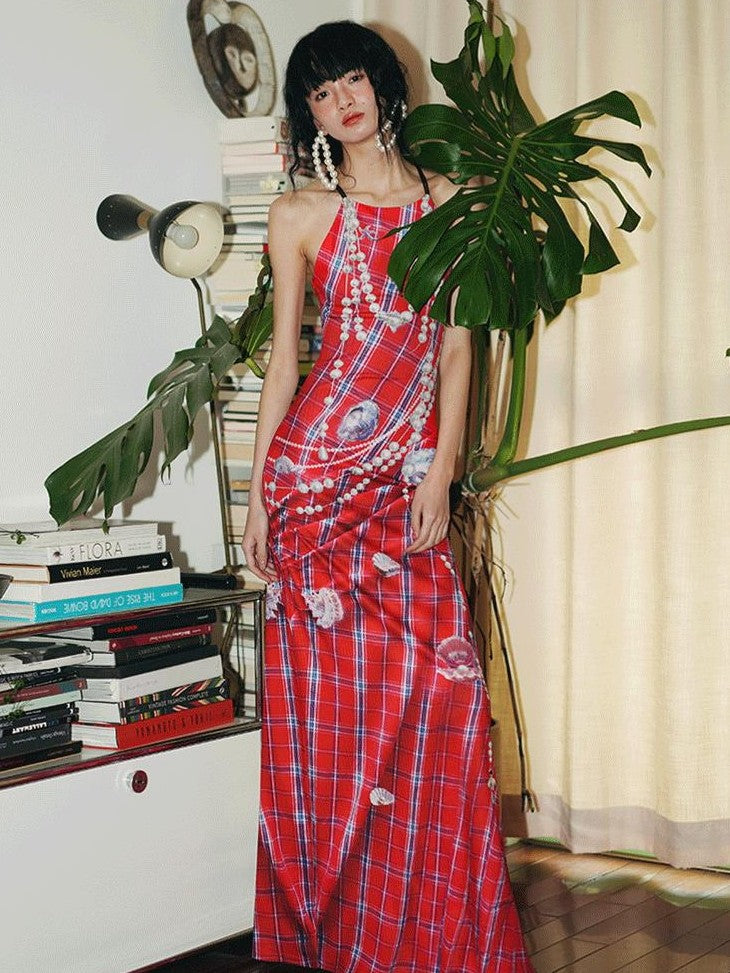 badtaste Faux 3d Plaid Broken Pearl Print Backless Slim Women's Halter Maxi Dresses