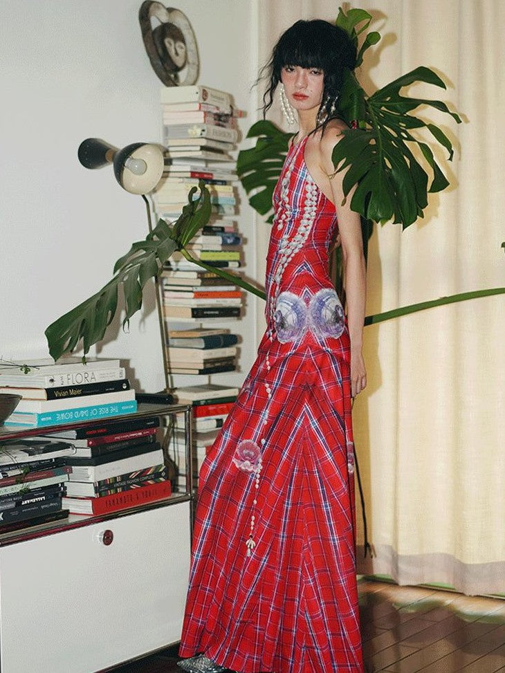 badtaste Faux 3d Plaid Broken Pearl Print Backless Slim Women's Halter Maxi Dresses