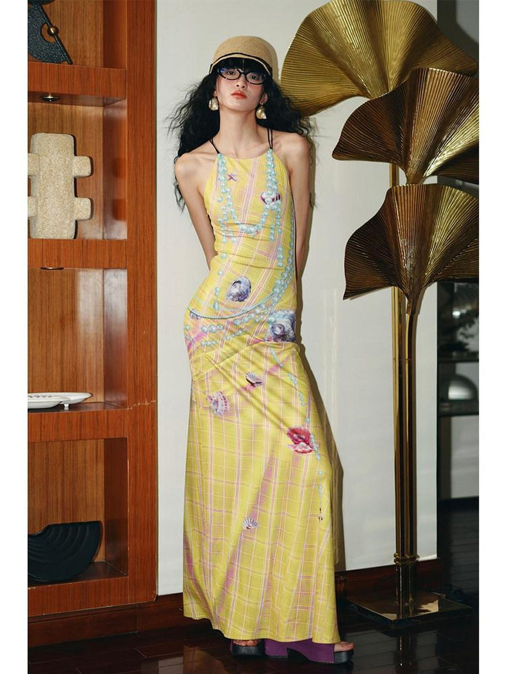 badtaste Faux 3d Plaid Broken Pearl Print Backless Slim Women's Halter Maxi Dresses