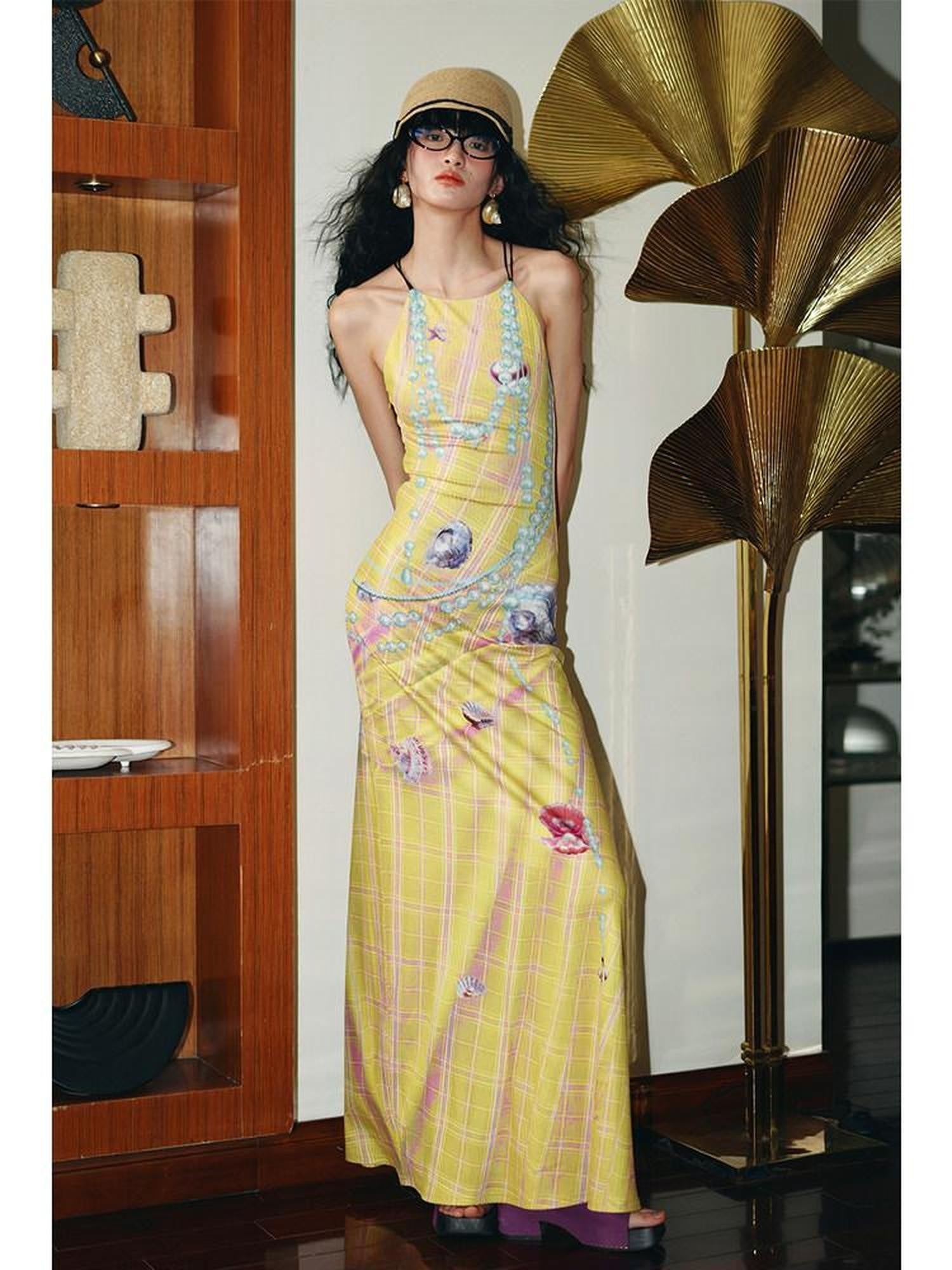 badtaste Faux 3d Plaid Broken Pearl Print Backless Slim Women's Halter Maxi Dresses