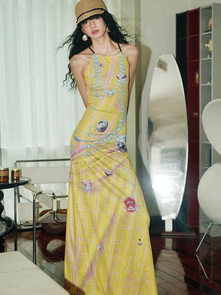 badtaste Faux 3d Plaid Broken Pearl Print Backless Slim Women's Halter Maxi Dresses