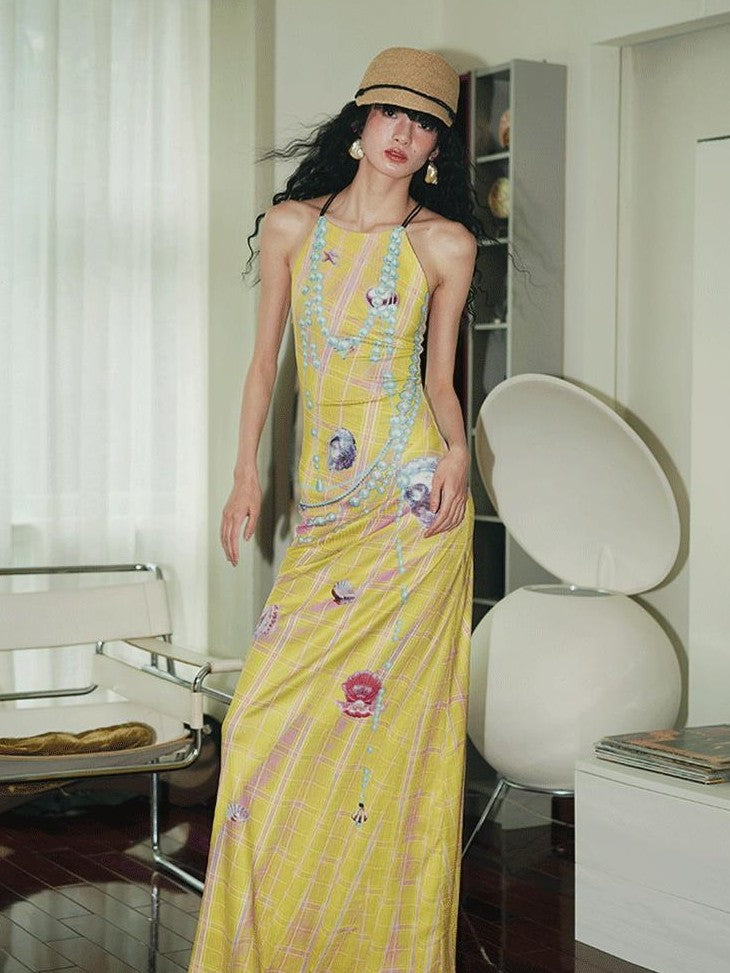 badtaste Faux 3d Plaid Broken Pearl Print Backless Slim Women's Halter Maxi Dresses