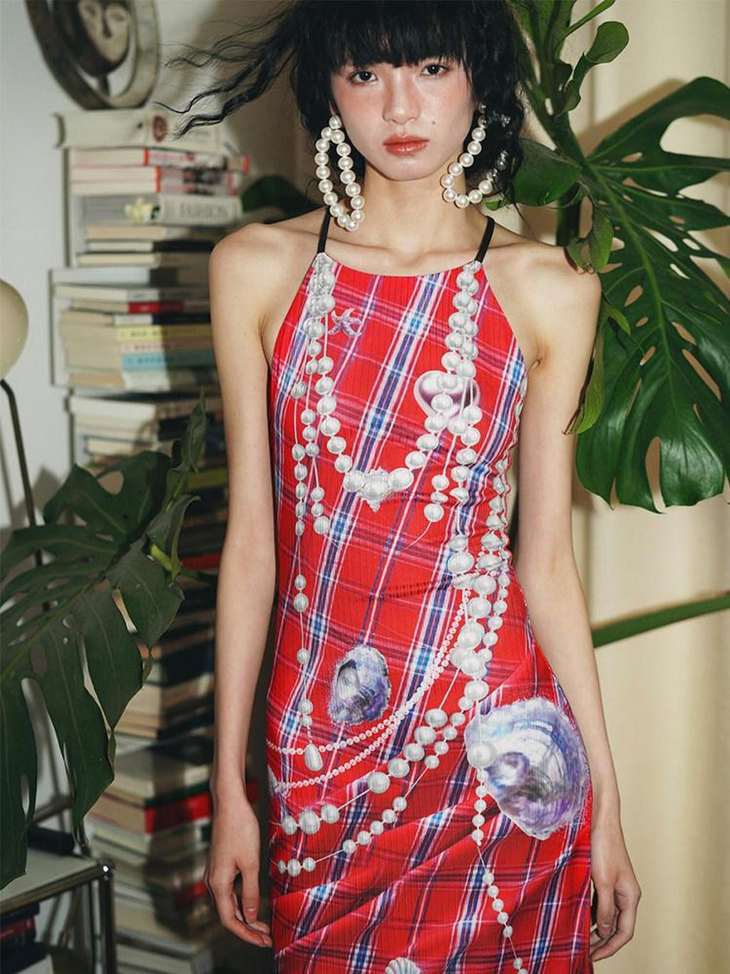 badtaste Faux 3d Plaid Broken Pearl Print Backless Slim Women's Halter Maxi Dresses