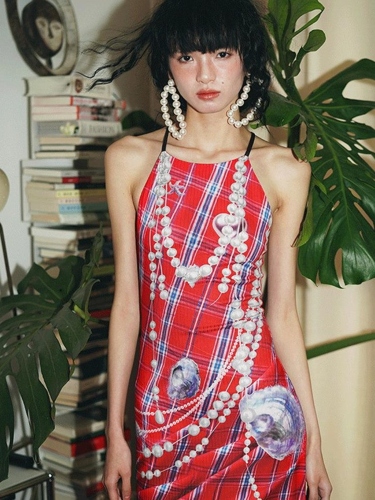 badtaste Faux 3d Plaid Broken Pearl Print Backless Slim Women's Halter Maxi Dresses