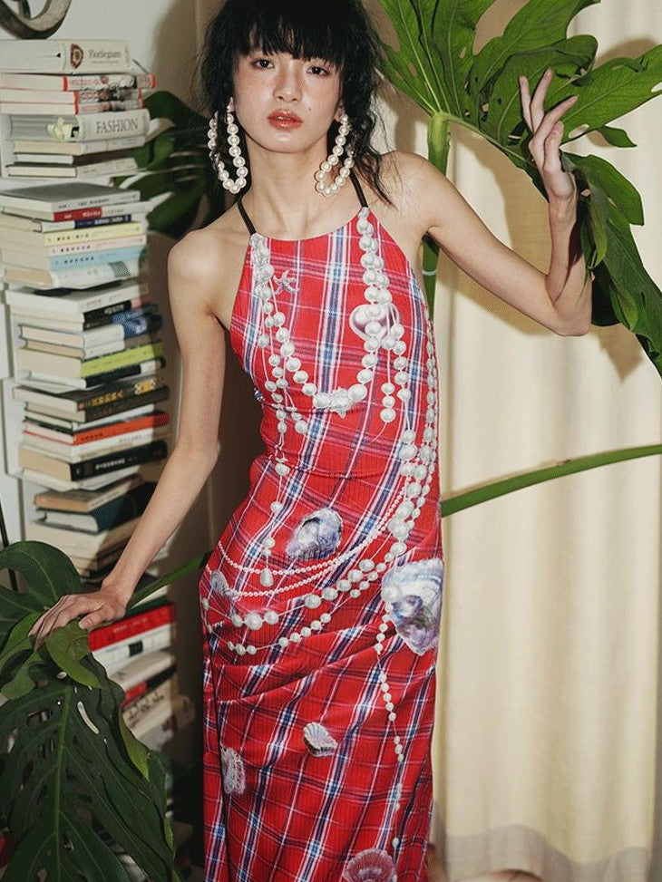 badtaste Faux 3d Plaid Broken Pearl Print Backless Slim Women's Halter Maxi Dresses