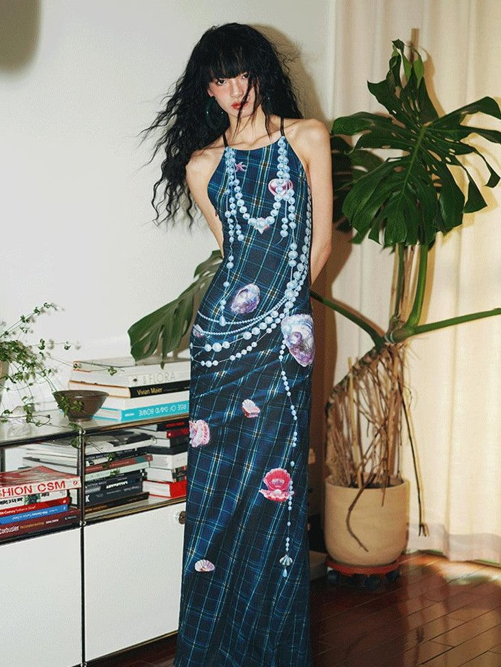 badtaste Faux 3d Plaid Broken Pearl Print Backless Slim Women's Halter Maxi Dresses