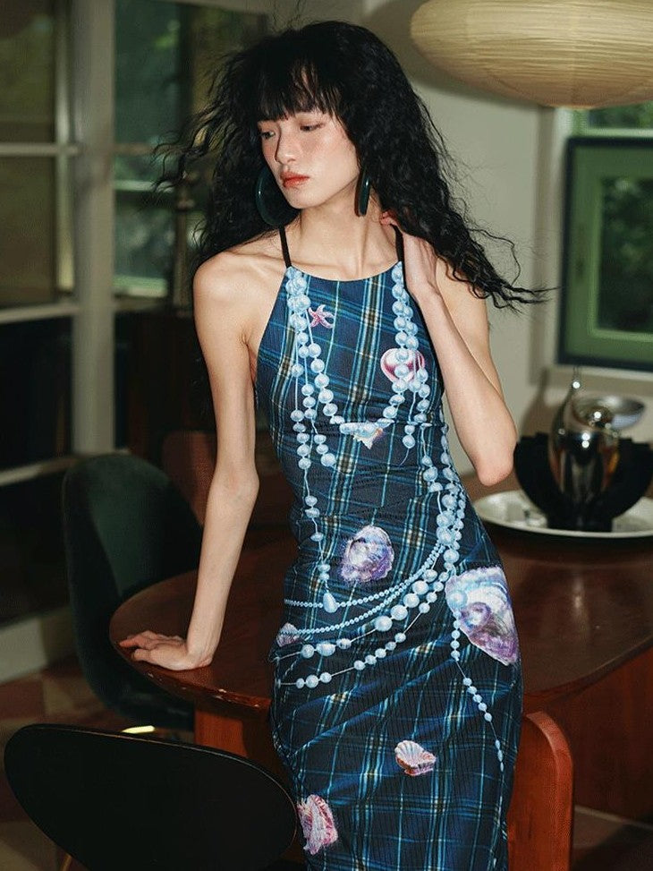 badtaste Faux 3d Plaid Broken Pearl Print Backless Slim Women's Halter Maxi Dresses