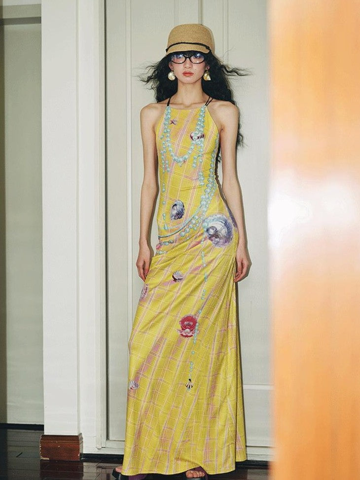 badtaste Faux 3d Plaid Broken Pearl Print Backless Slim Women's Halter Maxi Dresses